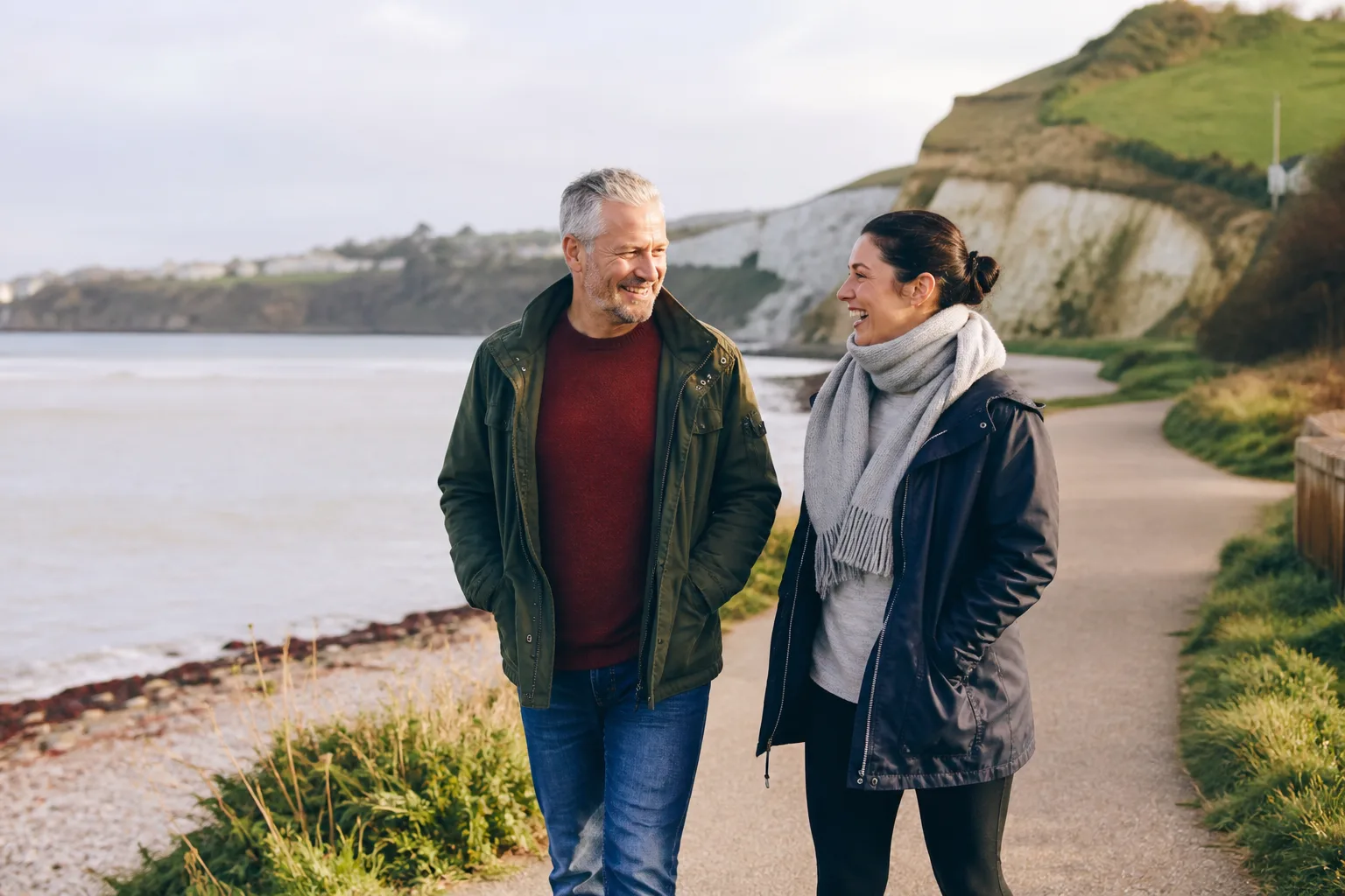 Two people talking beside the seafront on the Isle of Wight