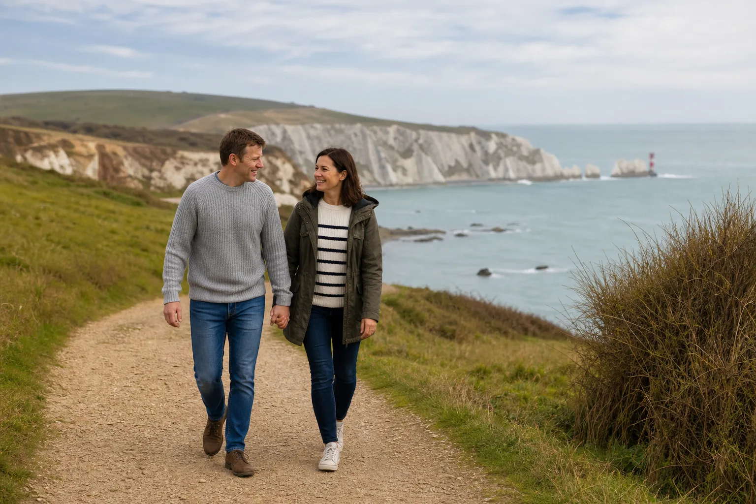 Two people talking beside the sea on the Isle of Wight