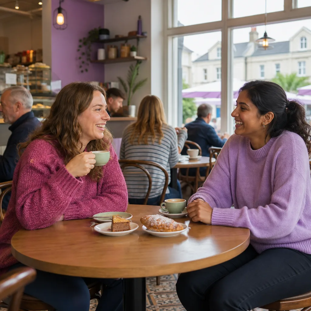 Two people having coffee at a relaxed café table in Newport town centre