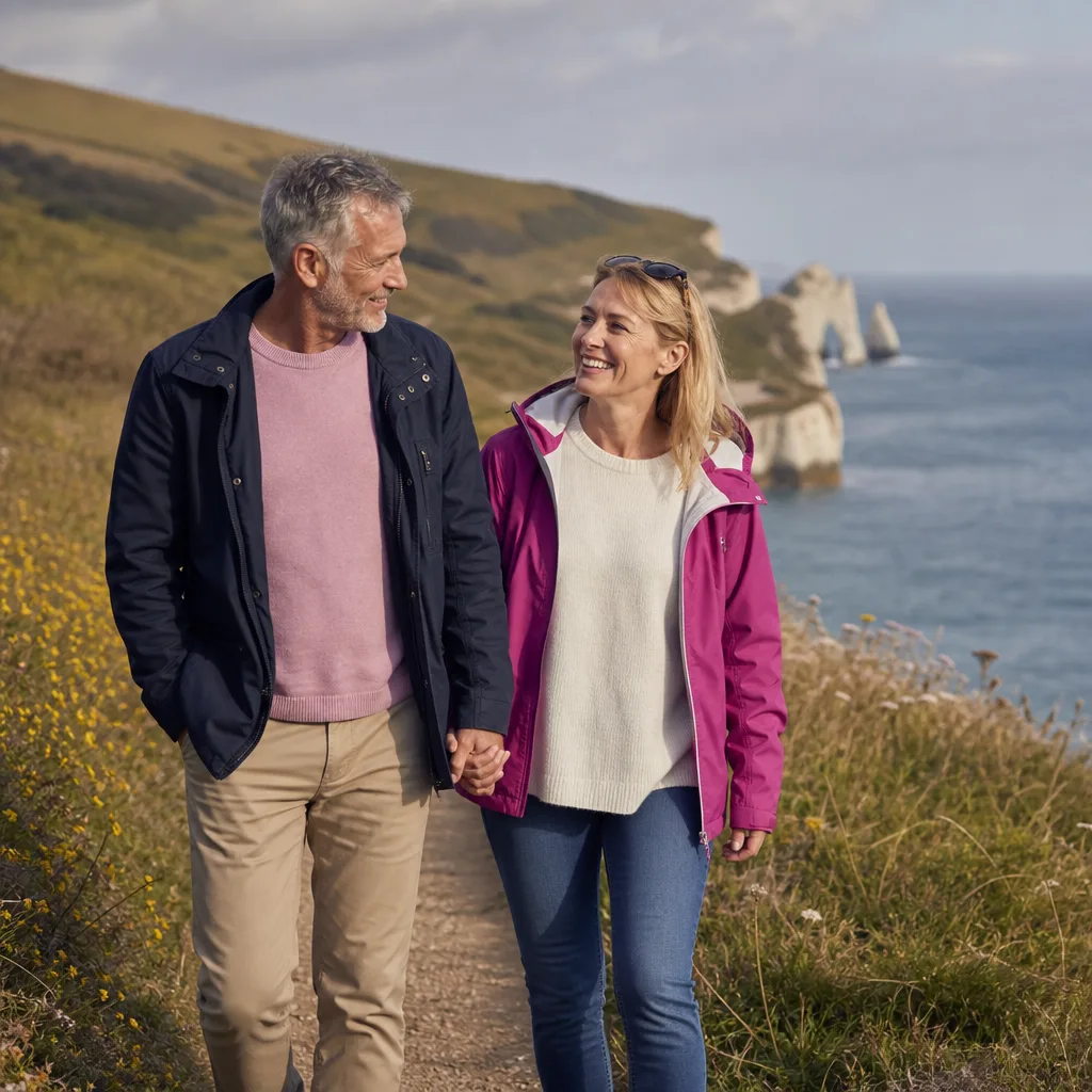 Two adults chatting at an outdoor table overlooking the Solent